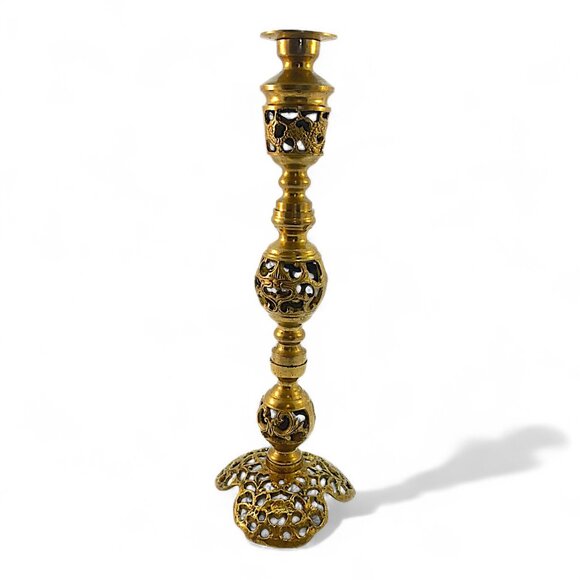 Vintage Reticulated Ornate Asian Carved Filigree Brass Pillar Candlestick Holder - Picture 1 of 7